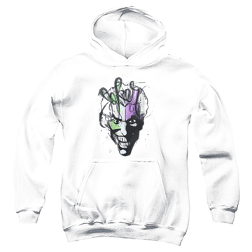 Charcoal youth hoodie for ages 8 to 12 with Joker Airbrush graphic