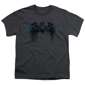 Charcoal youth t-shirt for ages 8 to 12 with DC Batman Run Away graphic