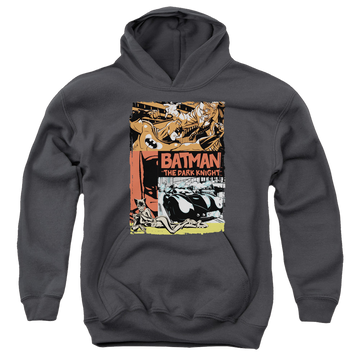 Charcoal youth hoodie for ages 8 to 12 with DC Batman Old Movie Poster graphic