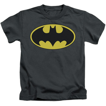 Charcoal kid's t-shirt for ages 4 to 7 with DC Batman Classic Bat Logo graphic