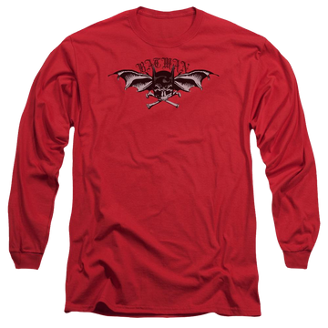 Red men's long sleeve t-shirt with Batman Wings Of Wrath graphic