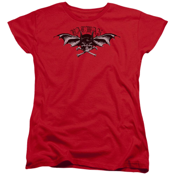 Red women's t-shirt with Batman Wings Of Wrath graphic