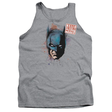 Athletic heather men's tank with Batman Hello graphic
