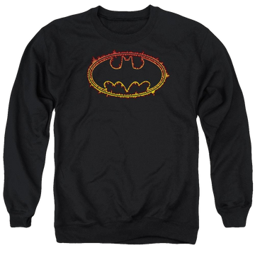 Black men's crewneck sweatshirt with Batman Flame Outlined Logo graphic