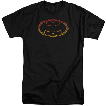 Black men's tall fit t-shirt with Batman Flame Outlined Logo graphic