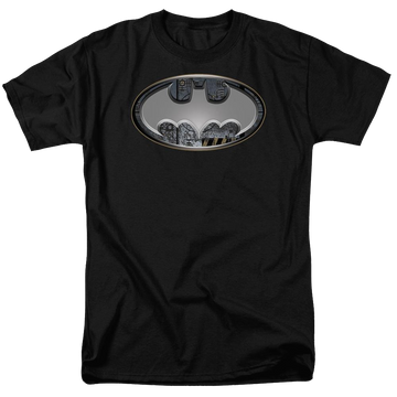 Black men's regular fit t-shirt with Batman Steel Wall Shield graphic