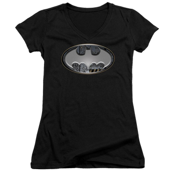 Batman Steel Wall Shield - Juniors V-Neck T-Shirt Juniors V-Neck T-Shirt Batman