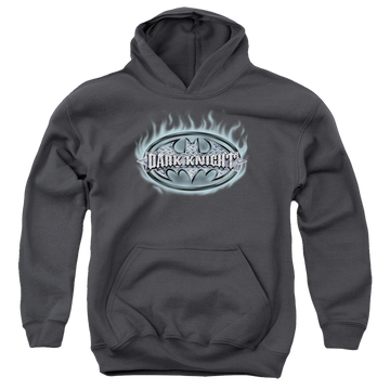 Charcoal youth hoodie for ages 8 to 12 with DC Batman Dark Knight Steel Shield graphic