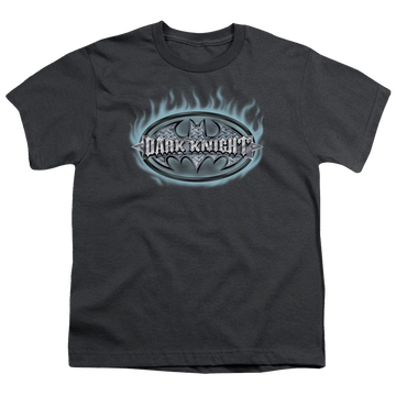 Charcoal youth t-shirt for ages 8 to 12 with DC Batman Dark Knight Steel Shield graphic