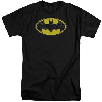 Black men's tall fit t-shirt with Batman Bats In Logo graphic