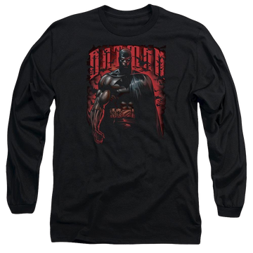 Black men's long sleeve t-shirt with Batman Red Knight graphic