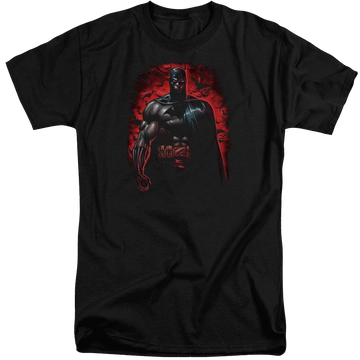 Black men's tall fit t-shirt with Batman Red Knight graphic