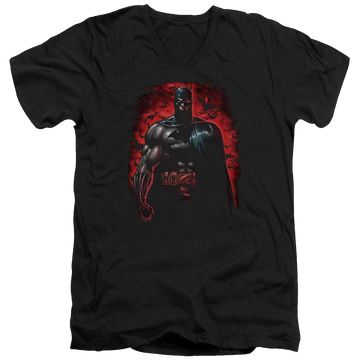 Black men's v-neck t-shirt with Batman Red Knight graphic
