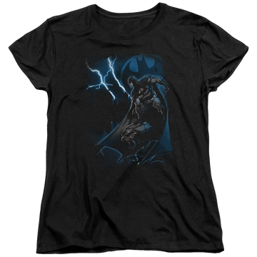 Black women's t-shirt with Batman Lightning Strikes graphic