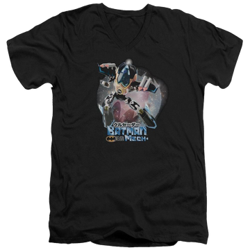 Black men's v-neck t-shirt with Batman Mech graphic