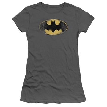Charcoal juniors t-shirt with Batman Destroyed Logo graphic