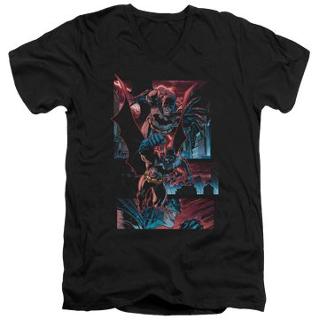 Black men's v-neck t-shirt with Batman Dark Knight Panels graphic
