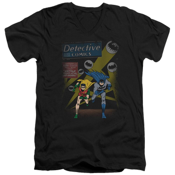 Black men's v-neck t-shirt with Batman Dynamic Duo graphic