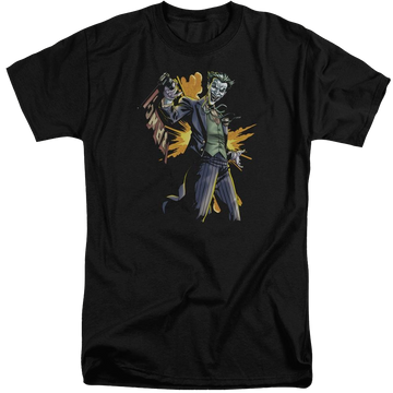 Black men's tall fit t-shirt with Batman Joker Bang graphic