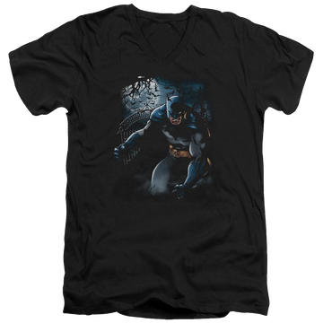 Black men's v-neck t-shirt with Batman Light Of The Moon graphic