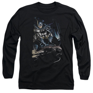 Black men's long sleeve t-shirt with Batman Perched graphic