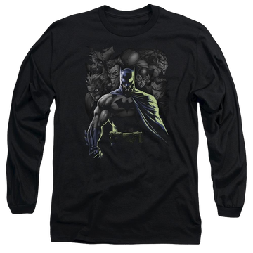 Black men's long sleeve t-shirt with Batman Villains Unleashed graphic