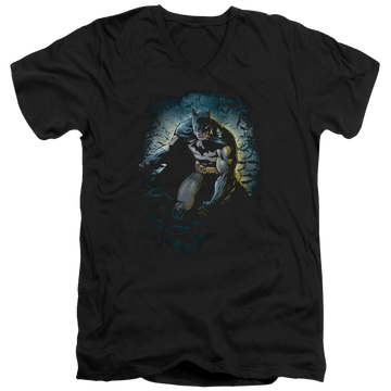 Black men's v-neck t-shirt with Batman Bat Cave graphic