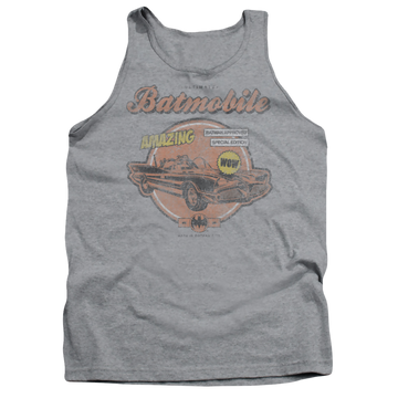 Athletic heather men's tank with Batman Amazing Batmobile graphic