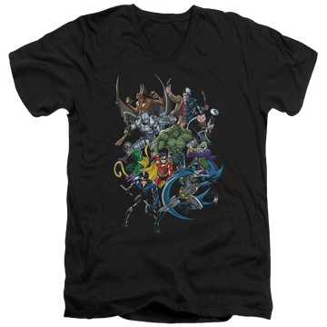 Black men's v-neck t-shirt with Batman Saints And Psychos graphic
