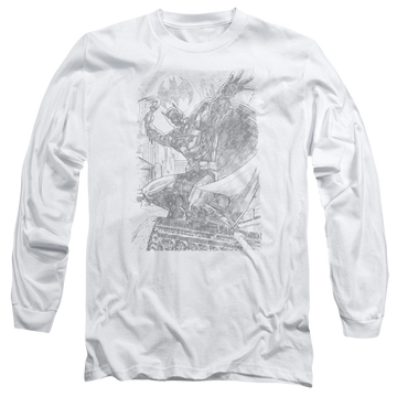 White men's long sleeve t-shirt with Batman Pencil Batarang Throw graphic
