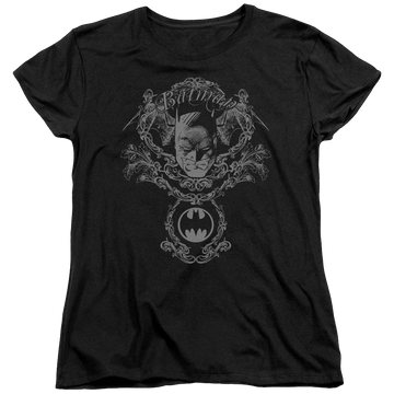 Black women's t-shirt with Batman Dark Knight Heraldry graphic