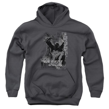 Charcoal youth hoodie for ages 8 to 12 with Dc Batman The Knight Life graphic
