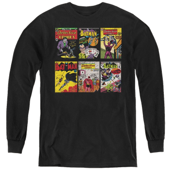 Black youth long sleeve t-shirt with Dc Batman Bm Covers graphic