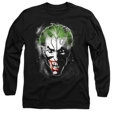Black men's long sleeve t-shirt with Joker Face Of Madness graphic