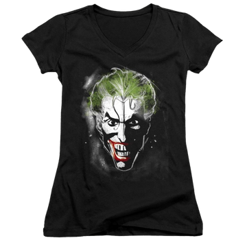 Black juniors v-neck t-shirt with Joker Face Of Madness graphic