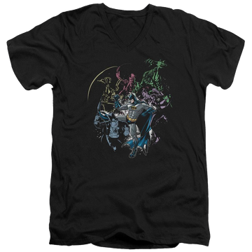 Black men's v-neck t-shirt with Batman Surrounded graphic