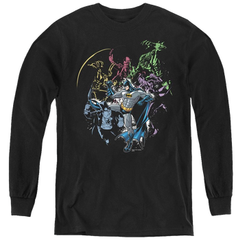 Black youth long sleeve t-shirt with Dc Batman Surrounded graphic