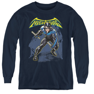 Navy youth long sleeve t-shirt with Nightwing graphic