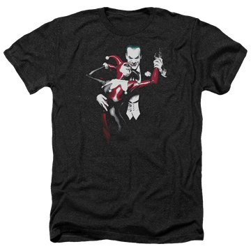 Charcoal men's heather t-shirt with Harley Quinn Batman Harley And Joker graphic