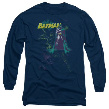 Navy men's long sleeve t-shirt with Batman Bat Spray graphic