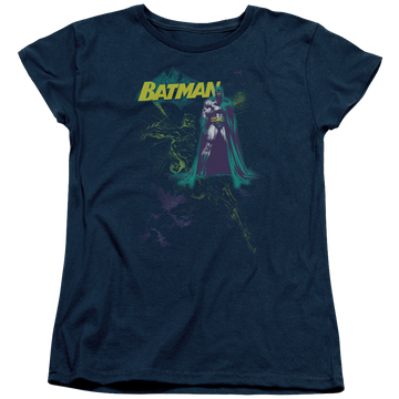 Navy women's t-shirt with Batman Bat Spray graphic