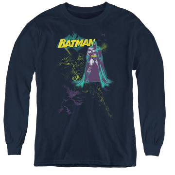 Navy youth long sleeve t-shirt with Dc Batman Bat Spray graphic