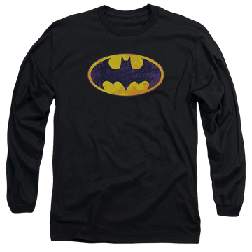 Black men's long sleeve t-shirt with Batman Bm Neon Distress Logo graphic