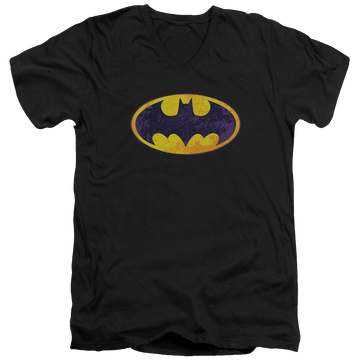 Black men's v-neck t-shirt with Batman Bm Neon Distress Logo graphic