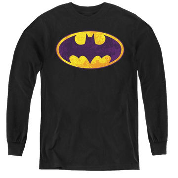 Black youth long sleeve t-shirt with Dc Batman Bm Neon Distress Logo graphic