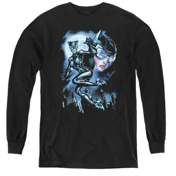 Black youth long sleeve t-shirt with Catwoman Moonlight Cat graphic