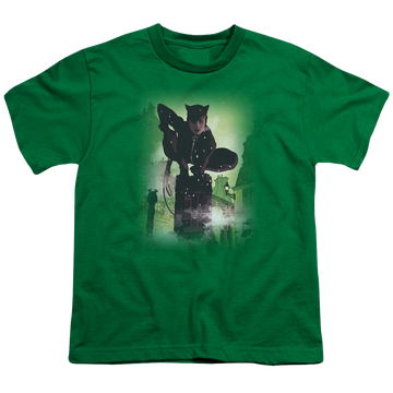Kelly green youth t-shirt for ages 8 to 12 with Catwoman #63 Cover graphic
