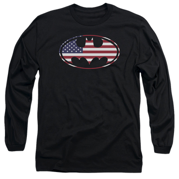 Black men's long sleeve t-shirt with Batman American Flag Oval graphic