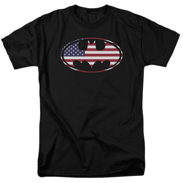 Black men's regular fit t-shirt with Batman American Flag Oval graphic