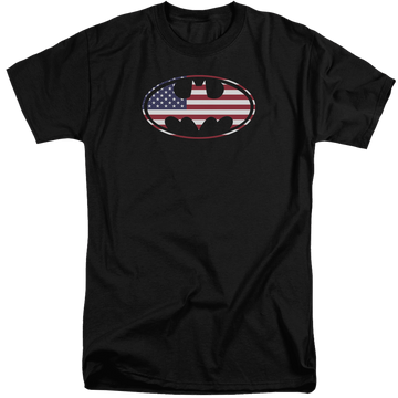 Black men's tall fit t-shirt with Batman American Flag Oval graphic